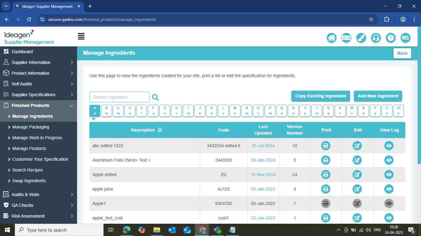 Manage Ingredients grid showing the View Log column with eye icons